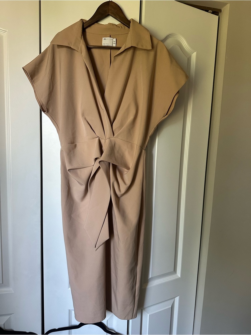 ASOS Neutral Tie-Front Midi Dress with Collar